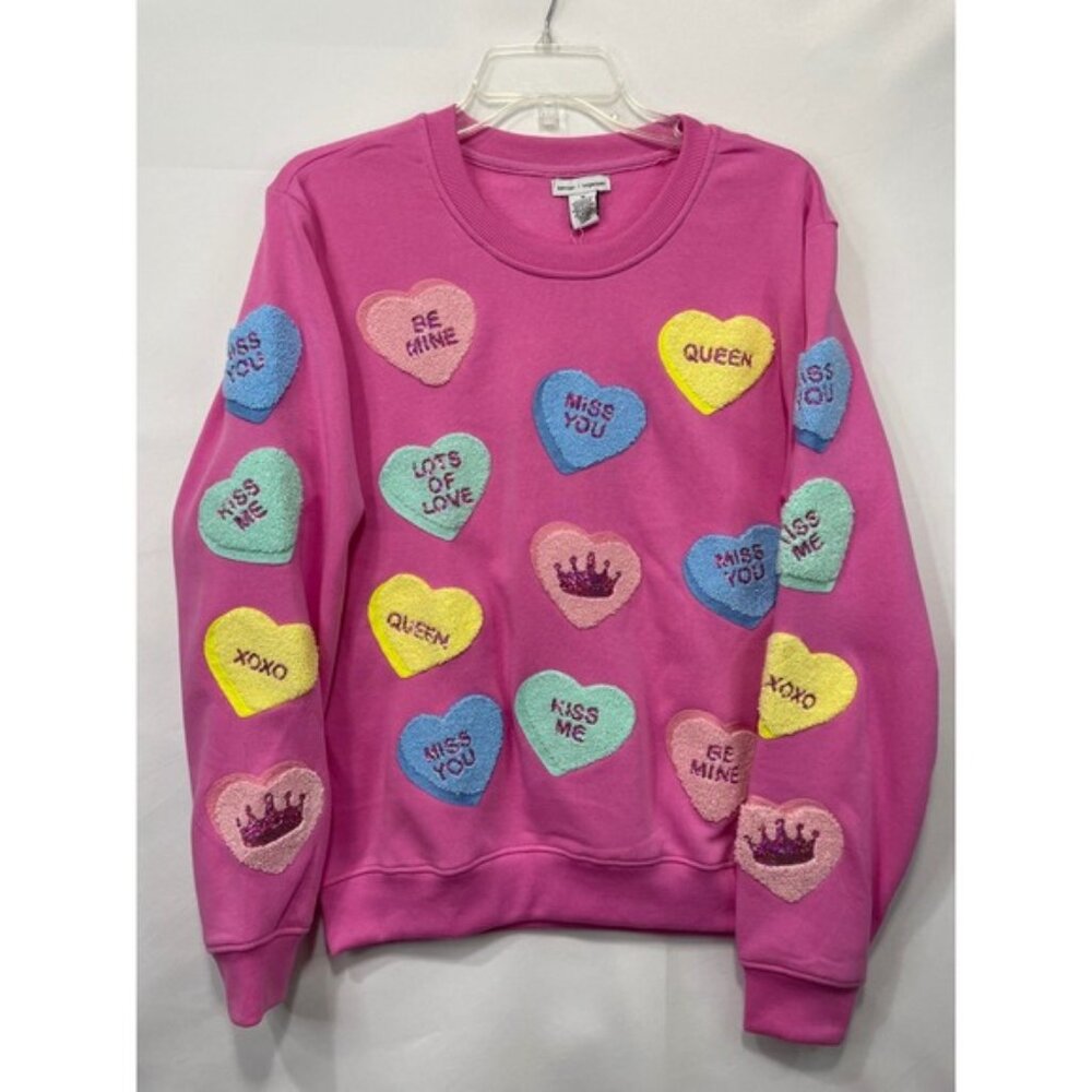 Better Together Pink Fuzzy Candy Conversation Hearts Crewneck Sweatshirt Size M